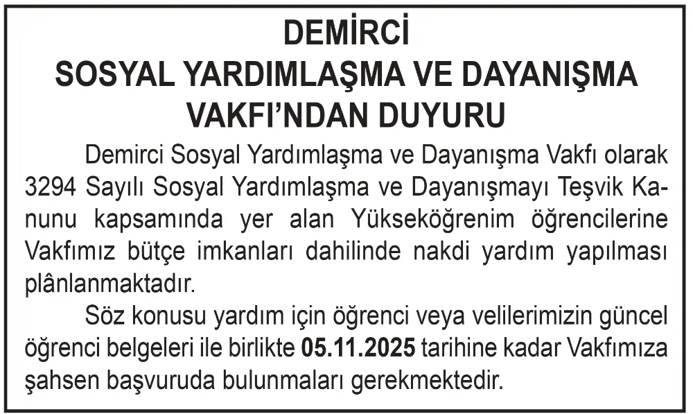DEMİRCİ SOSYAL YARDIMLAŞMA VE DAYANIŞMA VAKFI