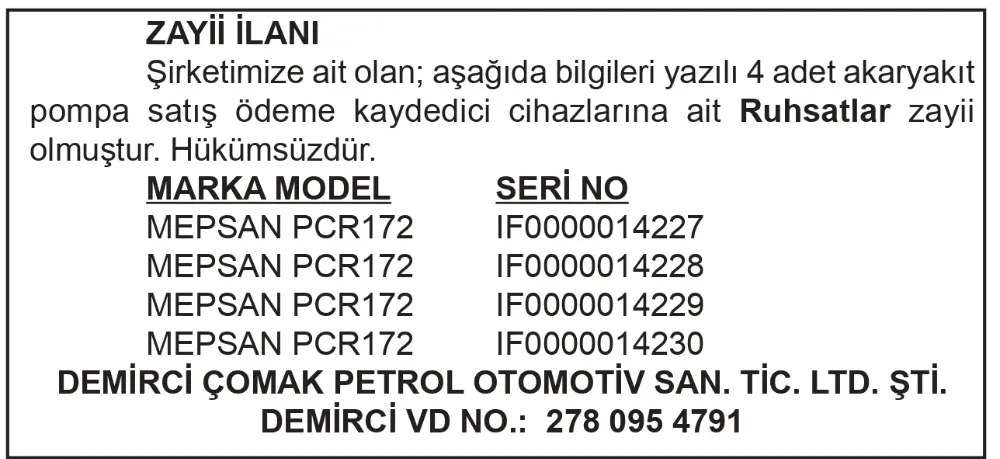 ZAYİİ İLANI