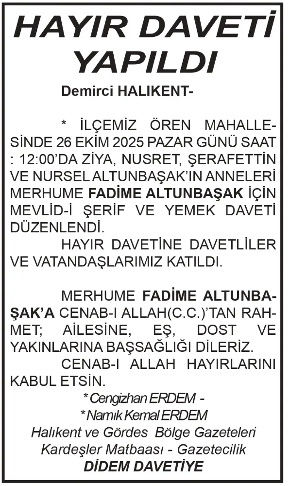 HAYIR DAVETİ YAPILDI