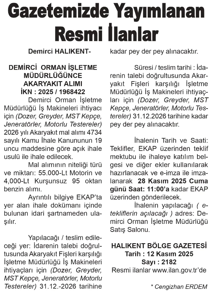 GAZETEMİZDE YAYIMLANAN RESMİ İLANLAR