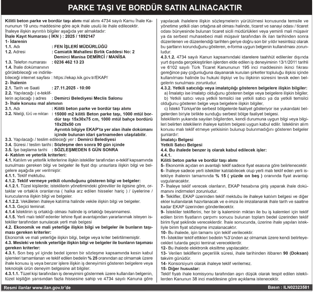 PARKE TAŞI VE BORDÜR SATIN ALINACAKTIR