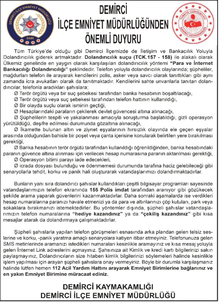 DEMİRCİ İLÇE EMNİYET MÜDÜRLÜĞÜNDEN ÖNEMLİ DUYURU