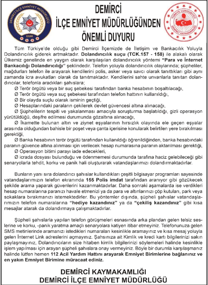 DEMİRCİ İLÇE EMNİYET MÜDÜRLÜĞÜNDEN  ÖNEMLİ DUYURU
