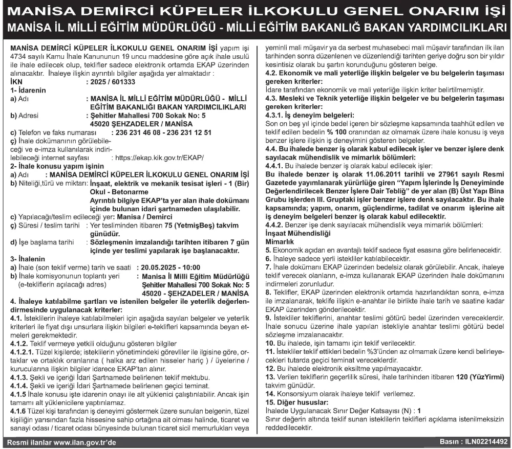 MANİSA DEMİRCİ KÜPELER İLKOKULU GENEL ONARIM İŞİ