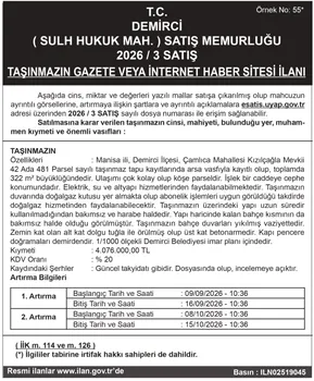 T.C. DEMİRCİ ( SULH HUKUK MAH. ) SATIŞ MEMURLUĞU 2026 / 3 SATIŞ TAŞINMAZIN GAZETE VEYA İNTERNET HABER SİTESİ İLANI